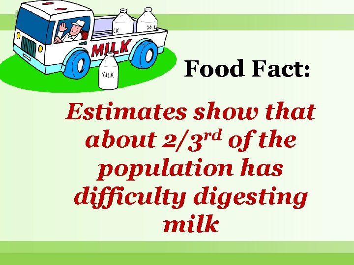 Food Fact: Estimates show that rd about 2/3 of the population has difficulty digesting