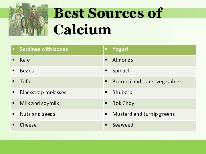 Best Sources of Calcium Sardines with bones Yogurt Kale Almonds Beans Spinach Tofu Broccoli