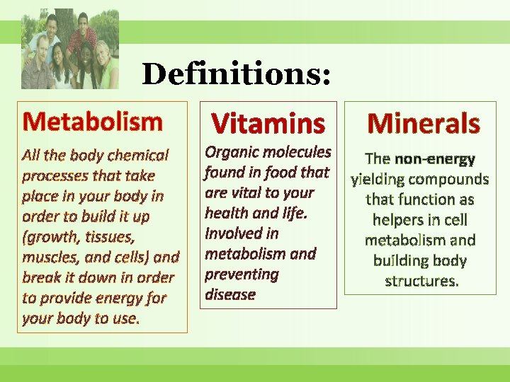 Definitions: Metabolism All the body chemical processes that take place in your body in