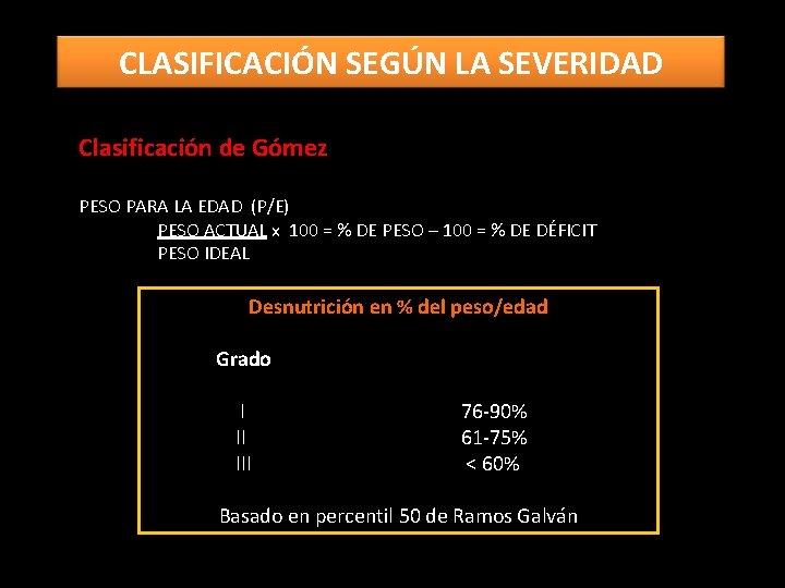 CLASIFICACIÓN SEGÚN LA SEVERIDAD Clasificación de Gómez PESO PARA LA EDAD (P/E) PESO ACTUAL