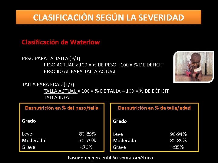 CLASIFICACIÓN SEGÚN LA SEVERIDAD Clasificación de Waterlow PESO PARA LA TALLA (P/T) PESO ACTUAL