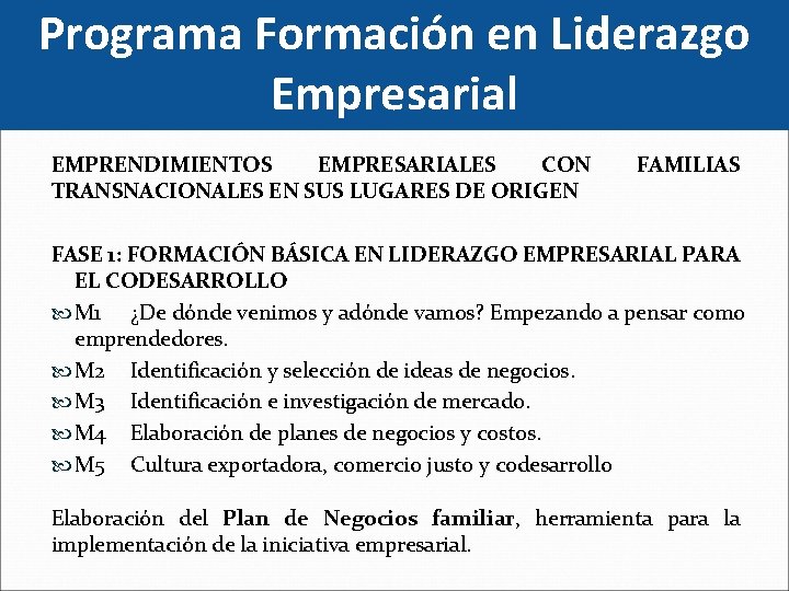 Programa Formación en Liderazgo Empresarial EMPRENDIMIENTOS EMPRESARIALES CON TRANSNACIONALES EN SUS LUGARES DE ORIGEN