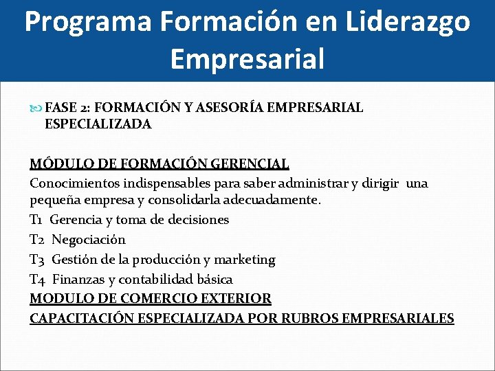 Programa Formación en Liderazgo Empresarial FASE 2: FORMACIÓN Y ASESORÍA EMPRESARIAL ESPECIALIZADA MÓDULO DE