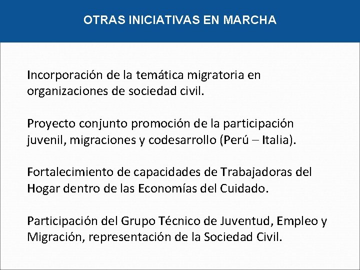 OTRAS INICIATIVAS EN MARCHA Incorporación de la temática migratoria en organizaciones de sociedad civil.