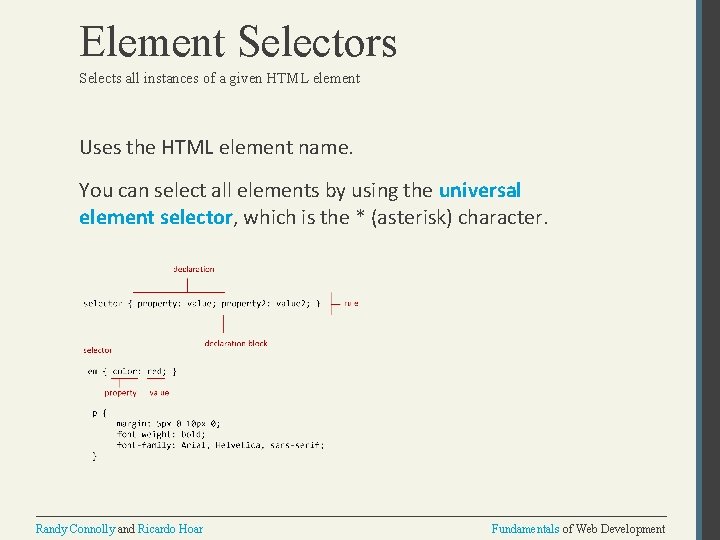 Element Selectors Selects all instances of a given HTML element Uses the HTML element