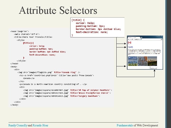 Attribute Selectors <head lang="en"> <meta charset="utf-8"> <title>Share Your Travels</title> <style> [title] { cursor: help;