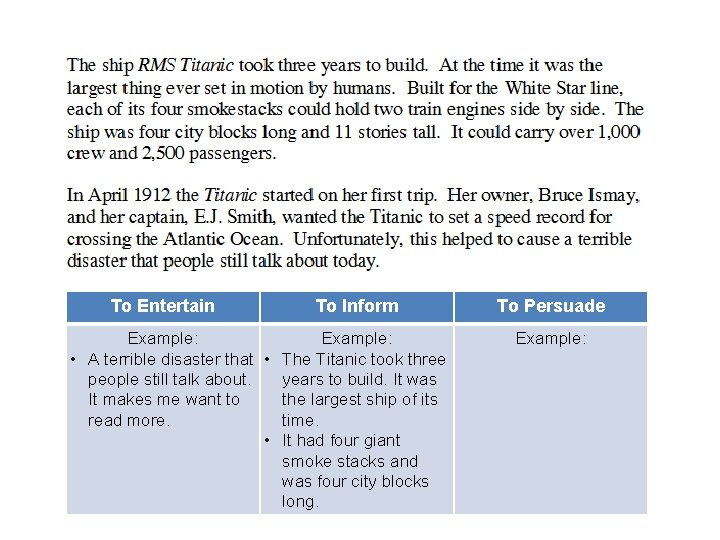 To Entertain To Inform Example: • A terrible disaster that • The Titanic took