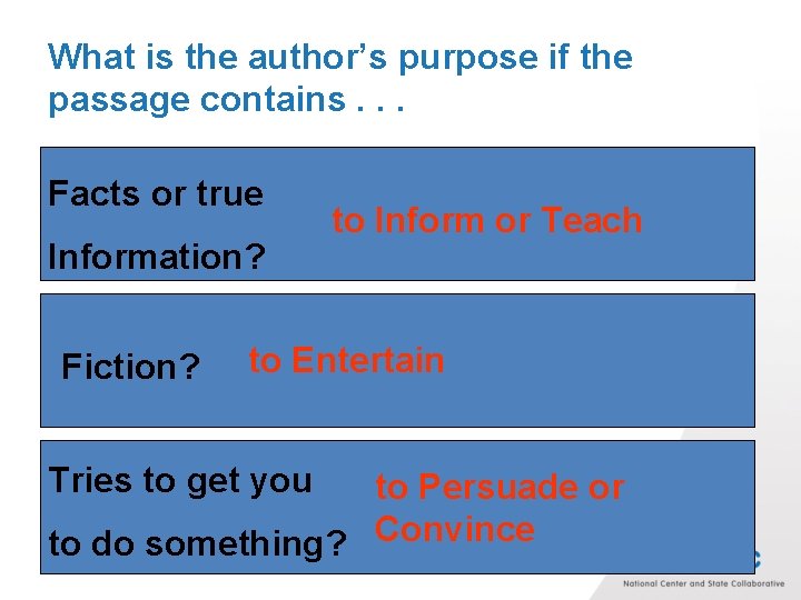 What is the author’s purpose if the passage contains. . . Facts or true