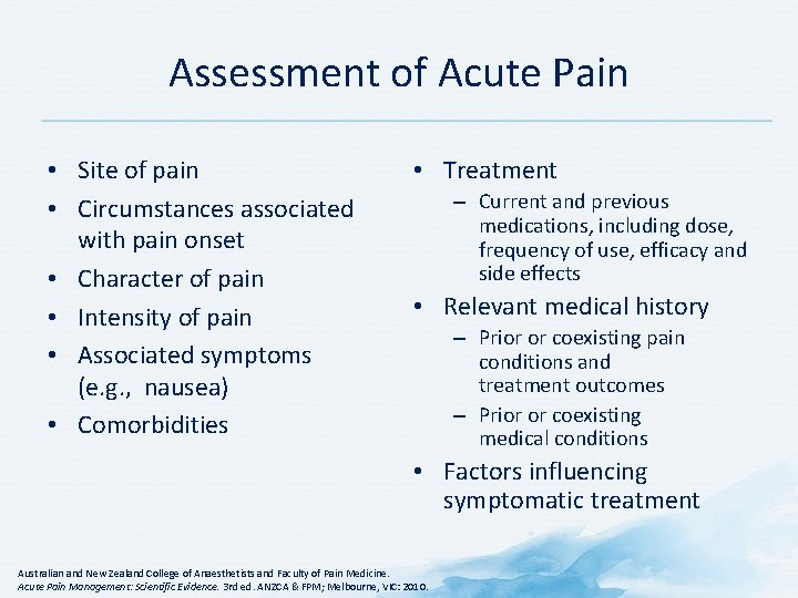 Assessment of Acute Pain • Site of pain • Circumstances associated with pain onset