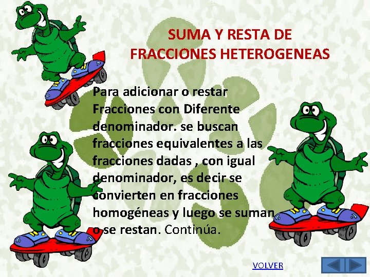 SUMA Y RESTA DE FRACCIONES HETEROGENEAS Para adicionar o restar Fracciones con Diferente denominador.