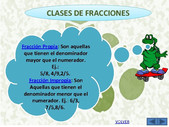 CLASES DE FRACCIONES Fracción Propia: Son aquellas que tienen el denominador mayor que el