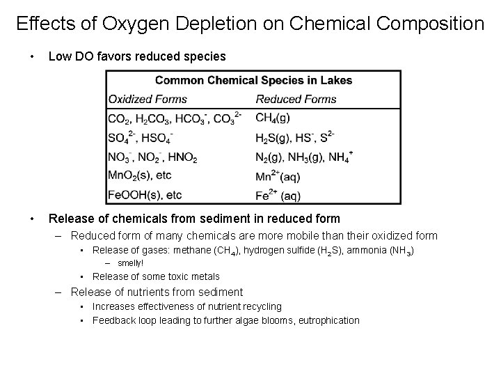 Effects of Oxygen Depletion on Chemical Composition • Low DO favors reduced species •