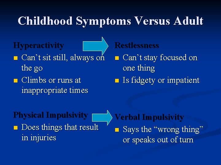 Childhood Symptoms Versus Adult Hyperactivity Restlessness n Can’t sit still, always on n Can’t