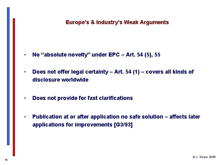 Europe’s & Industry’s Weak Arguments 10 • No “absolute novelty” under EPC – Art.