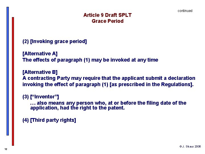 Article 9 Draft SPLT Grace Period continued (2) [Invoking grace period] [Alternative A] The