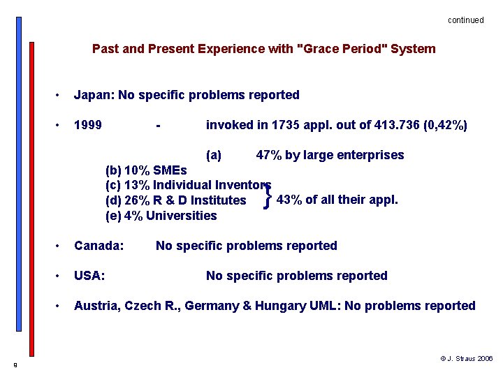 continued Past and Present Experience with "Grace Period" System • Japan: No specific problems