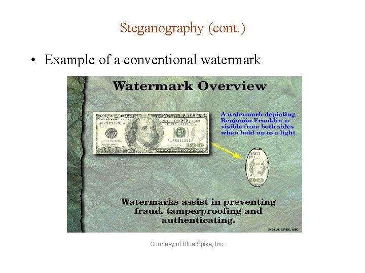 Steganography (cont. ) • Example of a conventional watermark Courtesy of Blue Spike, Inc.