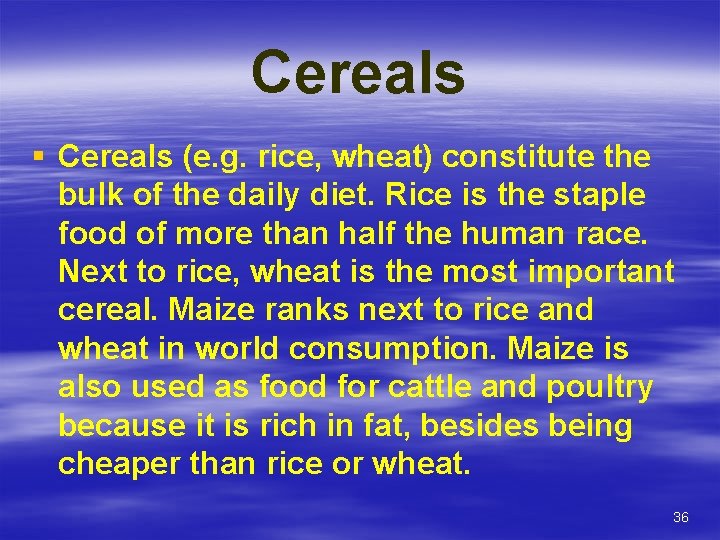 Cereals § Cereals (e. g. rice, wheat) constitute the bulk of the daily diet.