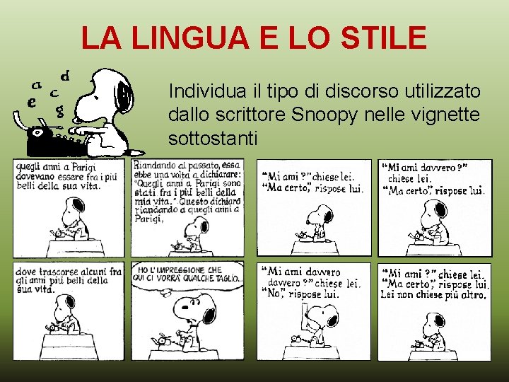 LA LINGUA E LO STILE Individua il tipo di discorso utilizzato dallo scrittore Snoopy LA LINGUA E LO STILE Individua il tipo di discorso utilizzato dallo scrittore Snoopy