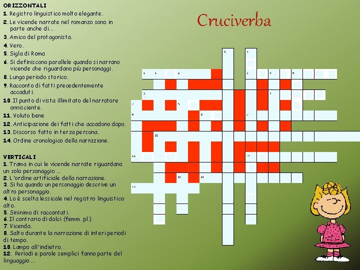 ORIZZONTALI 1. Registro linguistico molto elegante. 2. Le vicende narrate nel romanzo sono in ORIZZONTALI 1. Registro linguistico molto elegante. 2. Le vicende narrate nel romanzo sono in