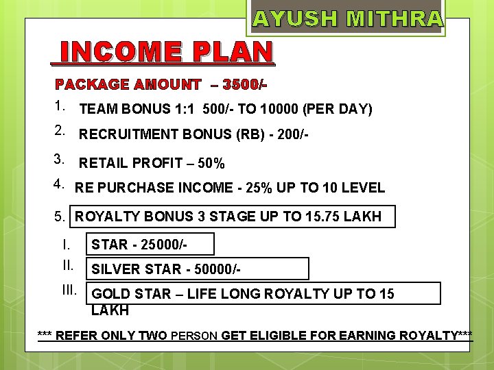 AYUSH MITHRA INCOME PLAN PACKAGE AMOUNT – 3500/- 1. TEAM BONUS 1: 1 500/-