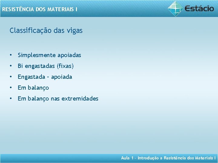 RESISTÊNCIA DOS MATERIAIS I Classificação das vigas • Simplesmente apoiadas • Bi engastadas (fixas)