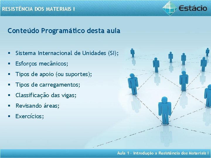 RESISTÊNCIA DOS MATERIAIS I Conteúdo Programático desta aula § Sistema Internacional de Unidades (SI);