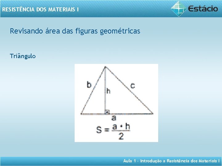 RESISTÊNCIA DOS MATERIAIS I Revisando área das figuras geométricas Triângulo Aula 1 – Introdução