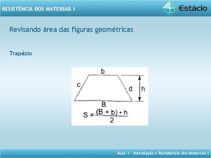 RESISTÊNCIA DOS MATERIAIS I Revisando área das figuras geométricas Trapézio Aula 1 – Introdução