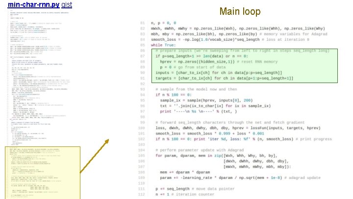 min-char-rnn. py gist Main loop 