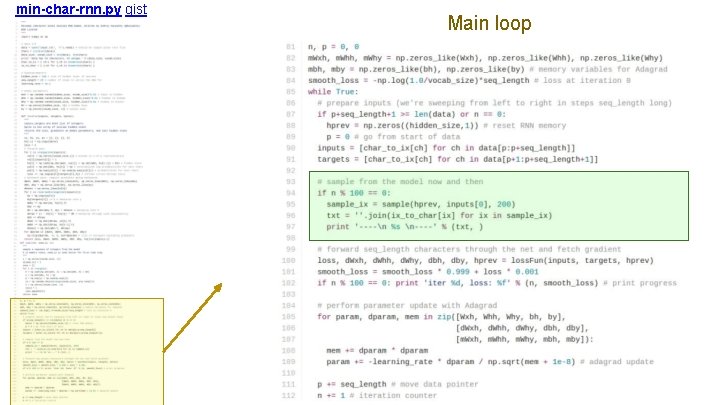 min-char-rnn. py gist Main loop 