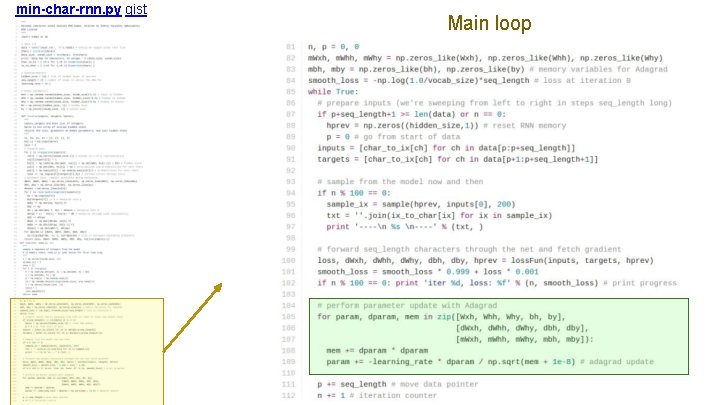 min-char-rnn. py gist Main loop 