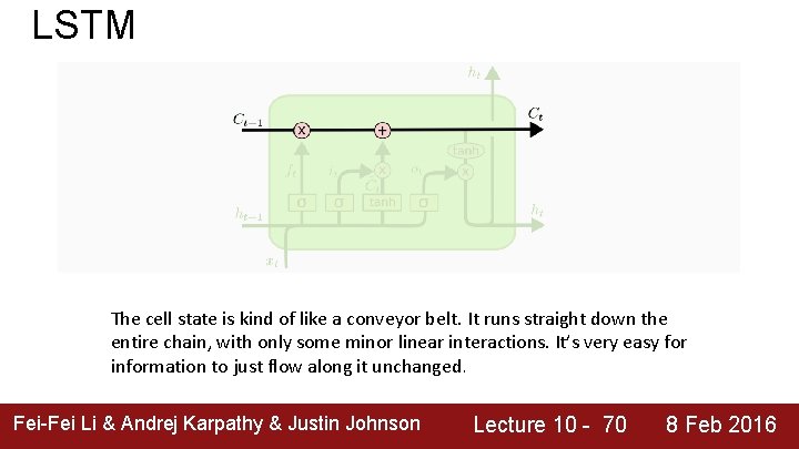 LSTM The cell state is kind of like a conveyor belt. It runs straight