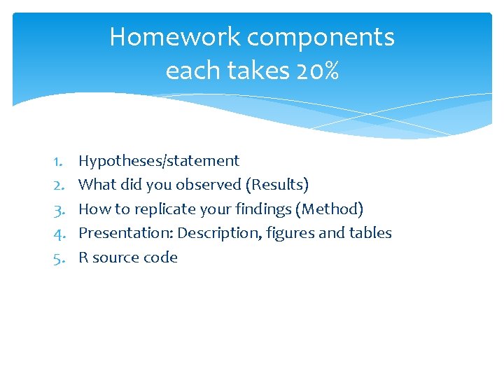 Homework components each takes 20% 1. 2. 3. 4. 5. Hypotheses/statement What did you