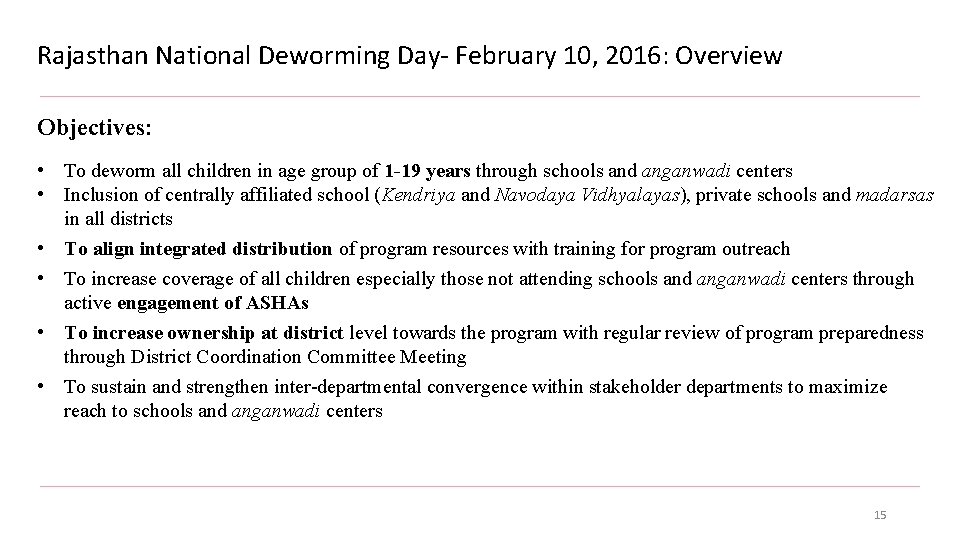 Rajasthan National Deworming Day- February 10, 2016: Overview Objectives: • To deworm all children