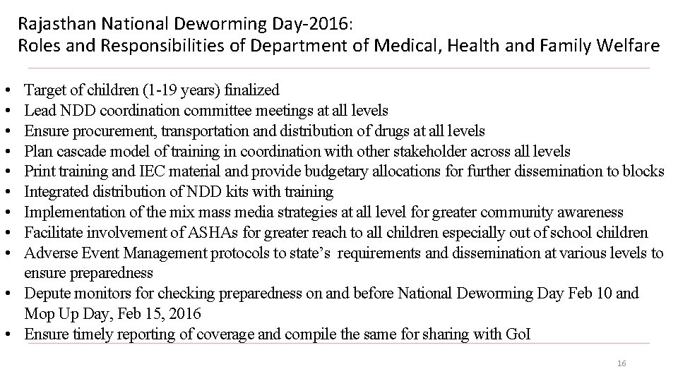 Rajasthan National Deworming Day-2016: Roles and Responsibilities of Department of Medical, Health and Family