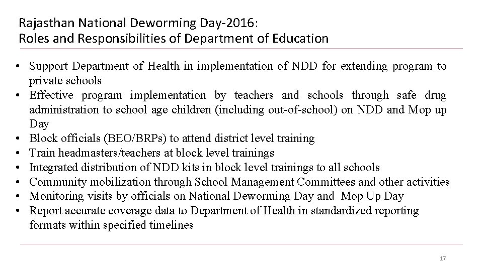 Rajasthan National Deworming Day-2016: Roles and Responsibilities of Department of Education • Support Department