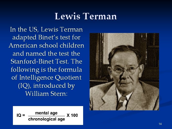 Lewis Terman In the US, Lewis Terman adapted Binet’s test for American school children