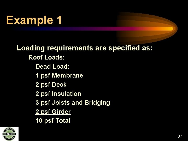 Example 1 Loading requirements are specified as: Roof Loads: Dead Load: 1 psf Membrane