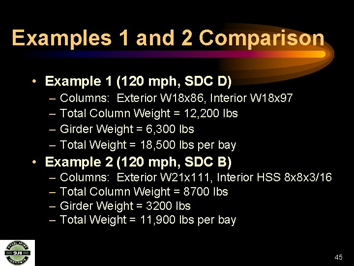 Examples 1 and 2 Comparison • Example 1 (120 mph, SDC D) – –