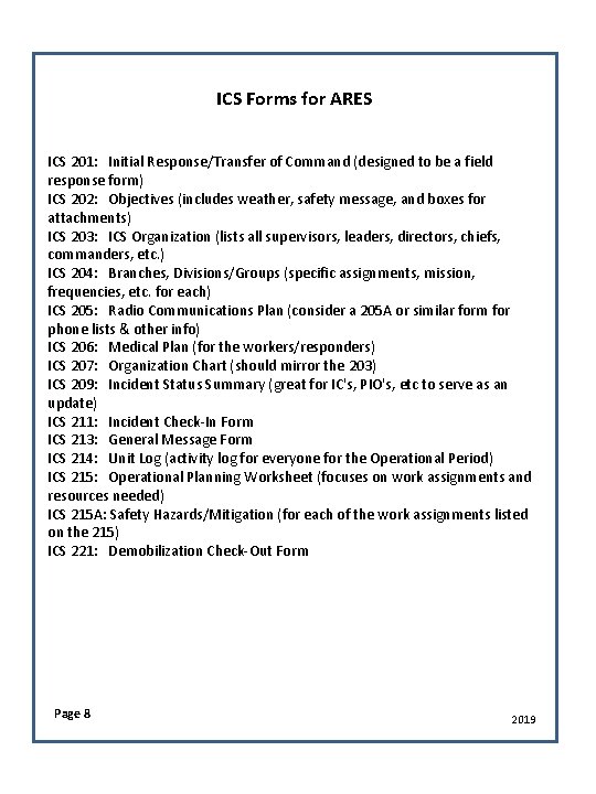 ICS Forms for ARES ICS 201: Initial Response/Transfer of Command (designed to be a