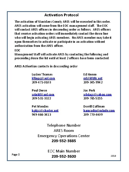 Activation Protocol The activation of Stanislaus County ARES will be executed in this order.