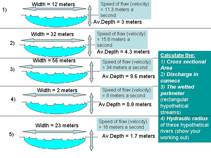Width = 12 meters 1) Speed of flow (velocity) = 11. 3 meters a