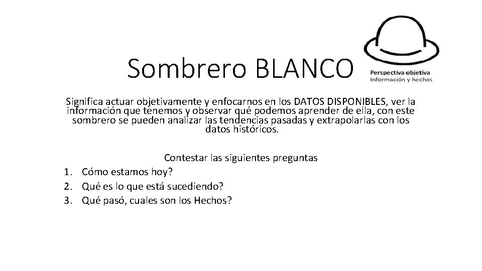 Sombrero BLANCO Significa actuar objetivamente y enfocarnos en los DATOS DISPONIBLES, ver la información