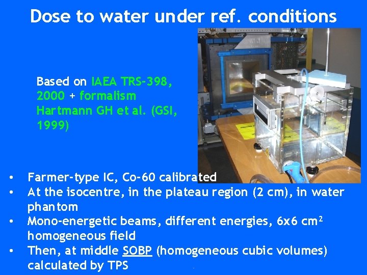 Dose to water under ref. conditions Based on IAEA TRS-398, 2000 + formalism Hartmann