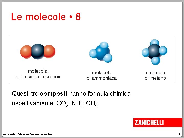 Le molecole • 8 Questi tre composti hanno formula chimica rispettivamente: CO 2, NH