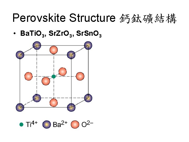 Perovskite Structure 鈣鈦礦結構 • Ba. Ti. O 3, Sr. Zr. O 3, Sr. Sn.