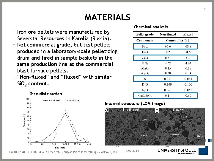 5 MATERIALS • Iron ore pellets were manufactured by Severstal Resources in Karelia (Russia).