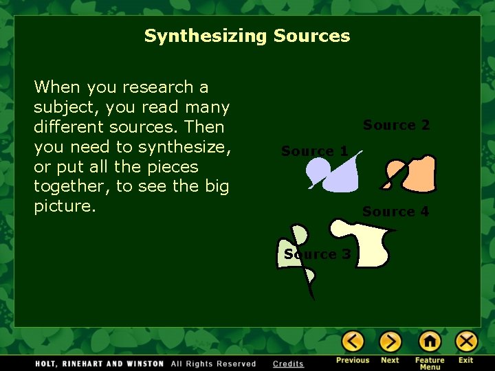 Synthesizing Sources When you research a subject, you read many different sources. Then you