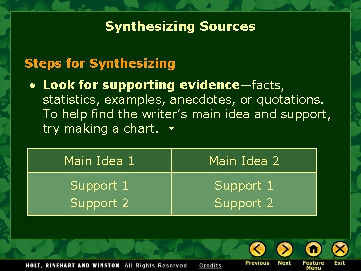 Synthesizing Sources Steps for Synthesizing • Look for supporting evidence—facts, statistics, examples, anecdotes, or